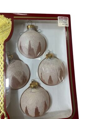 Vtg Glitter Snowcap Ball Ornament Rose Pink Victoria Collection NIB Set of 4